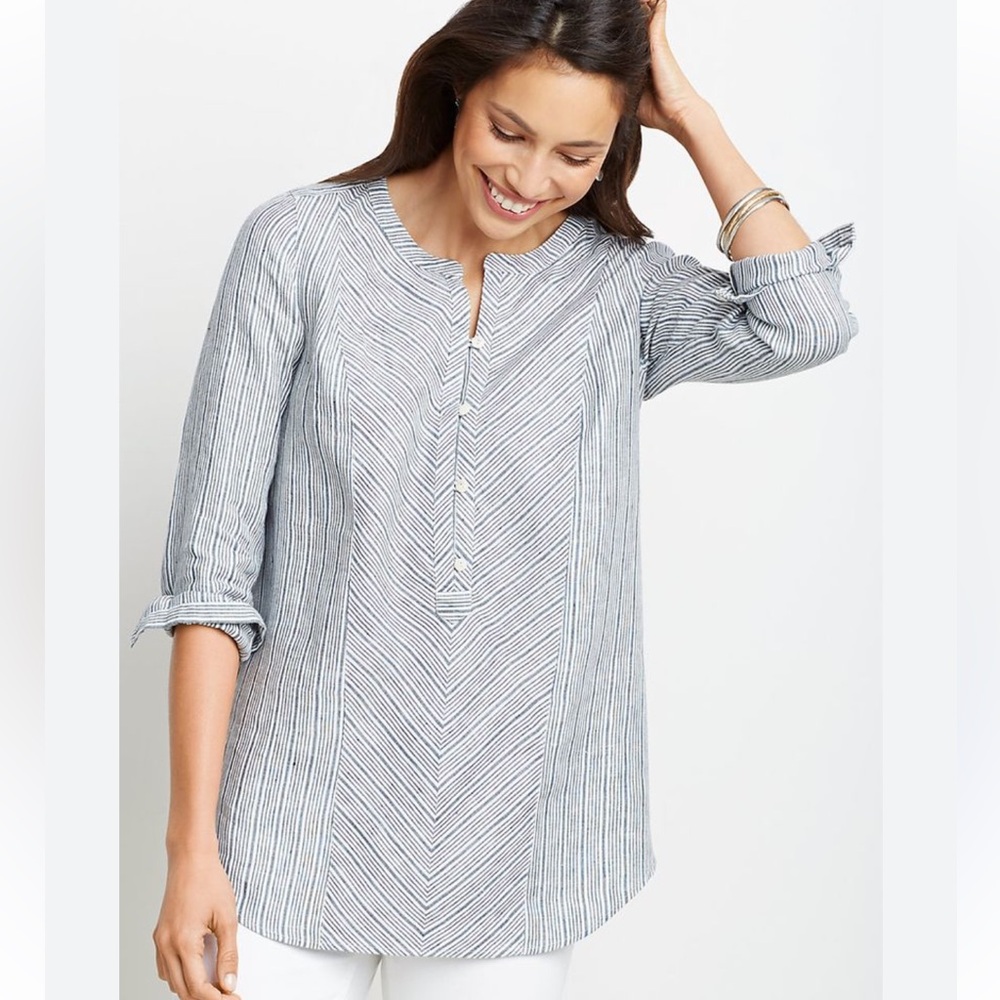 J.Jill 100% Linen Striped Popover Top Blue White Size 1X